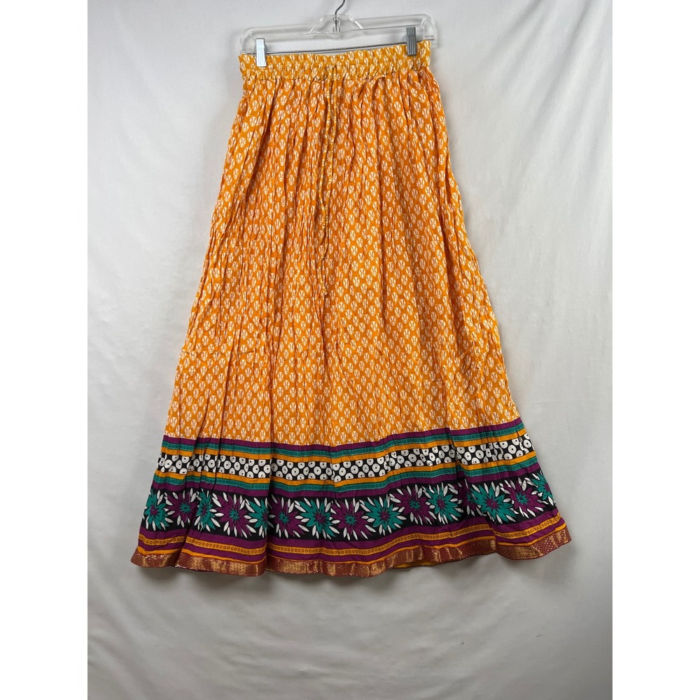 Lapogee Maxi Skirt Womens L Orange Block Print Boho Border Elastic Waist